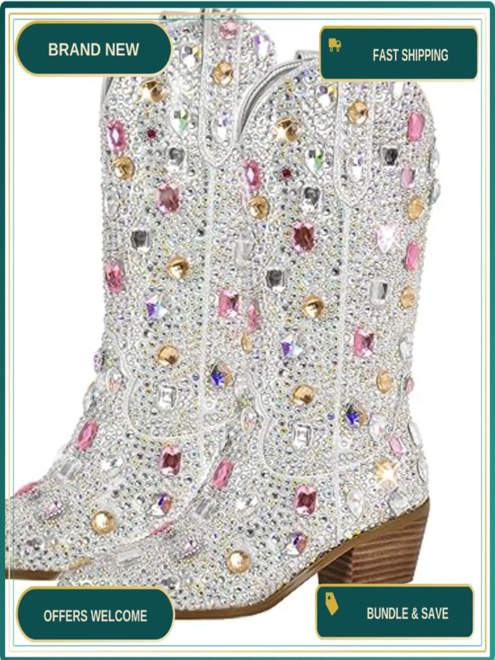 Sparkly Rhinestone Cowgirl Knee High Boots for Women Pull On Block Heel